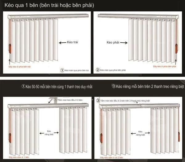 Các kiểu kéo rèm sáo lá Các kiểu kéo của rèm sáo lá dọc